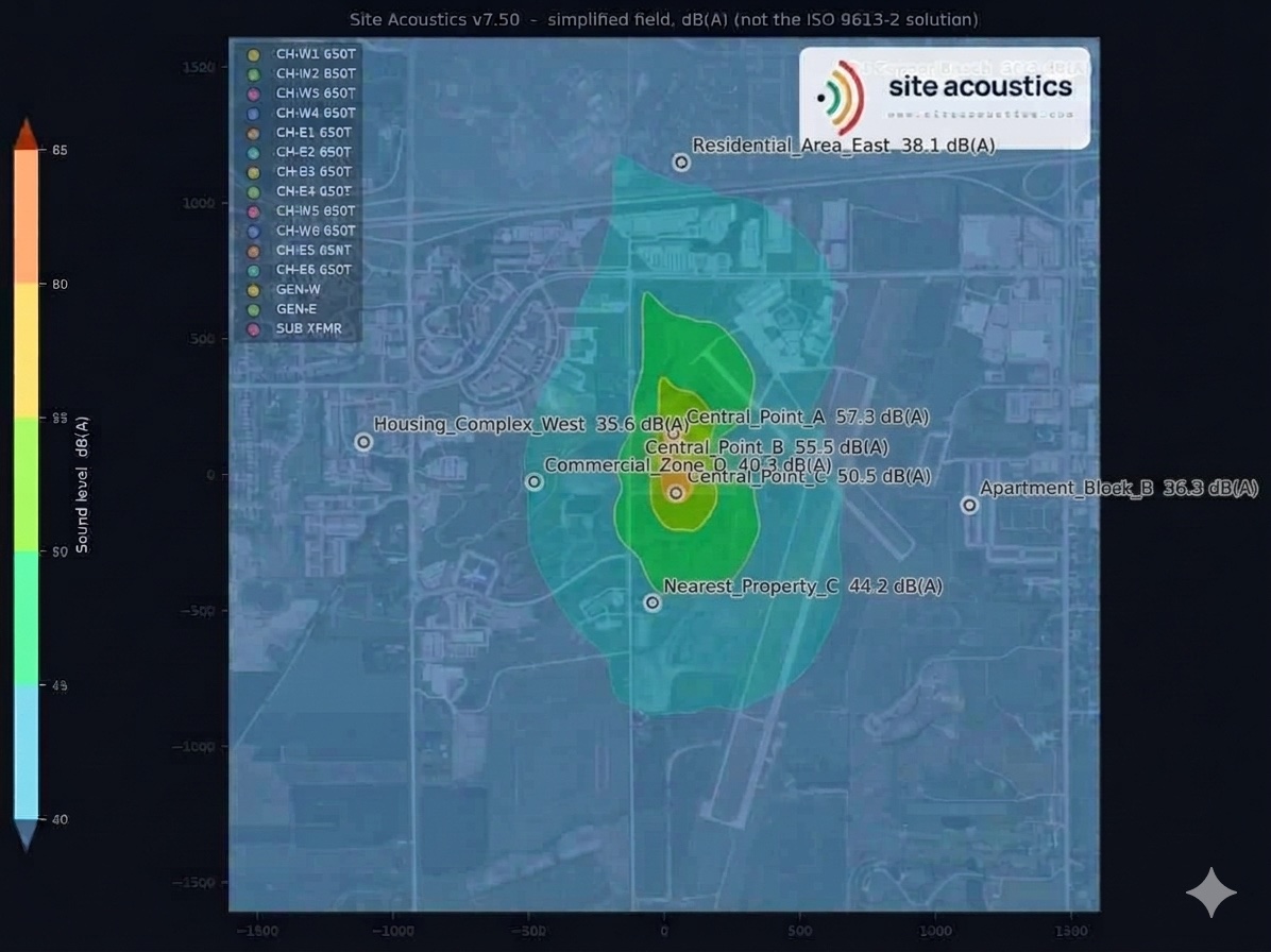 Site Acoustics dB(A) noise map of a data center site over satellite imagery, with sound-level contours and labeled receiver levels